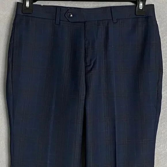 Tallia Men's 30x30 Suit Pant Vane Stretch Wool Blend Navy & Brown Check NEW